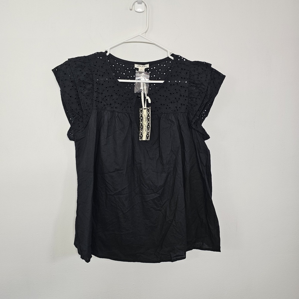 NWT Ultra Pink Blouse Womens Small Short Sleeve Black Top Eyelet Cotton Keyhole